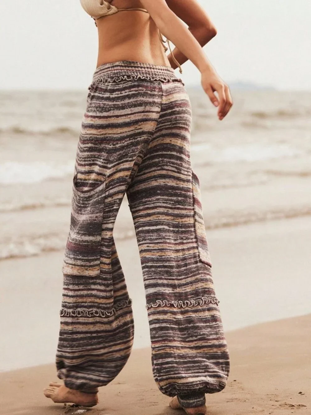 Apricot Boho Women's Elastic Waist Ruffle Trim Striped Loose Knit Pants